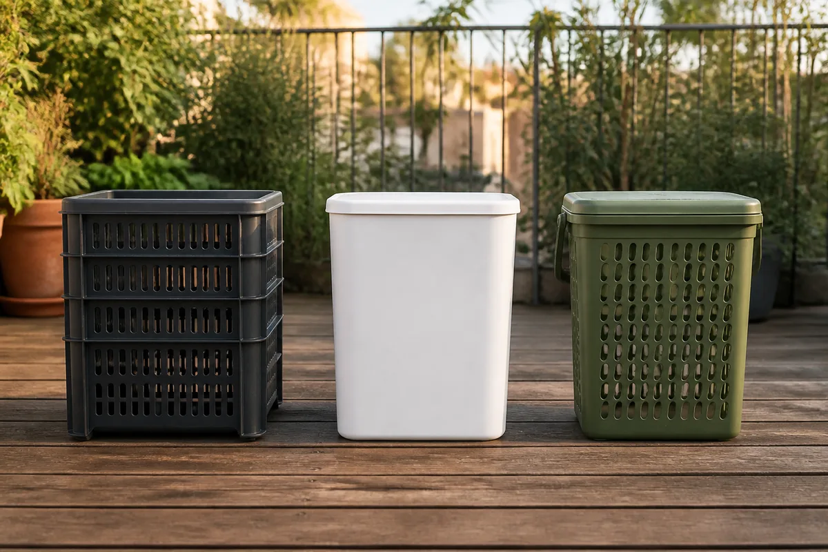 Lombricomposteur à bacs empilés, seau bokashi et bio-seau alignés sur un balcon d’appartement