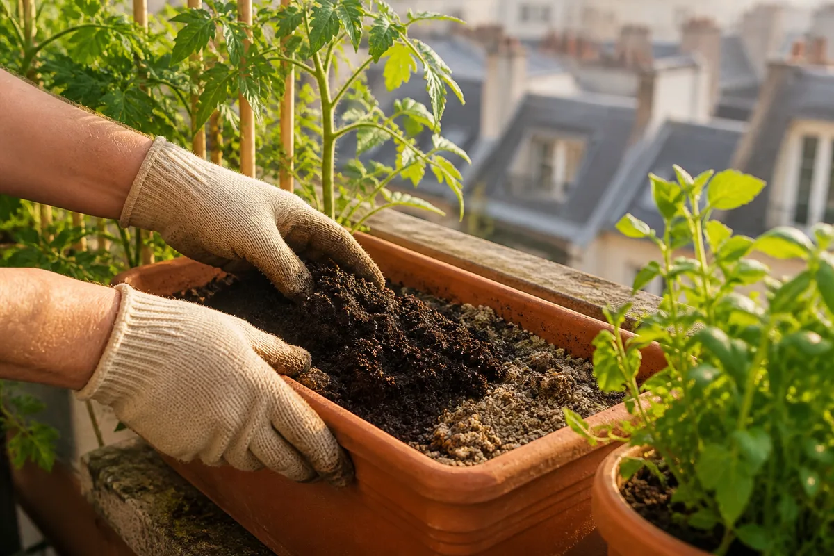 Mains incorporant du lombricompost à du terreau clair dans une jardinière en terre cuite sur un rebord de balcon