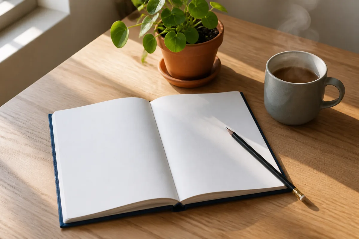 Agenda relié ouvert sur des pages vierges près d&rsquo;une tasse et d&rsquo;une plante verte
