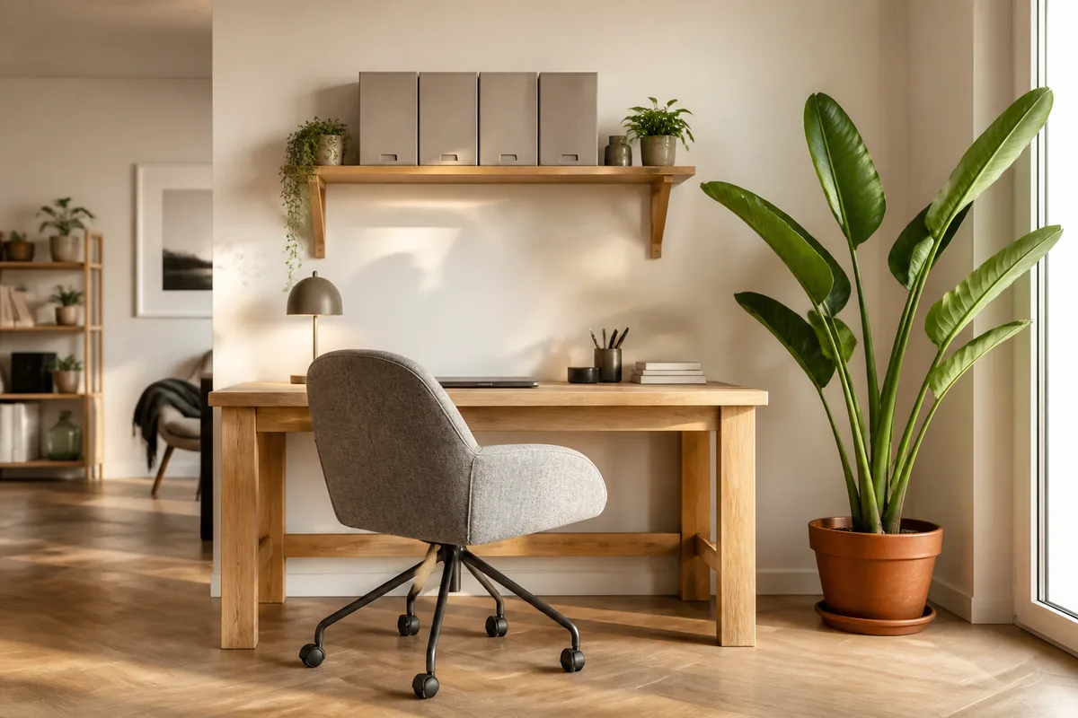 Coin de bureau lumineux avec fauteuil en tissu et boîtes d&rsquo;archives unies sur une étagère