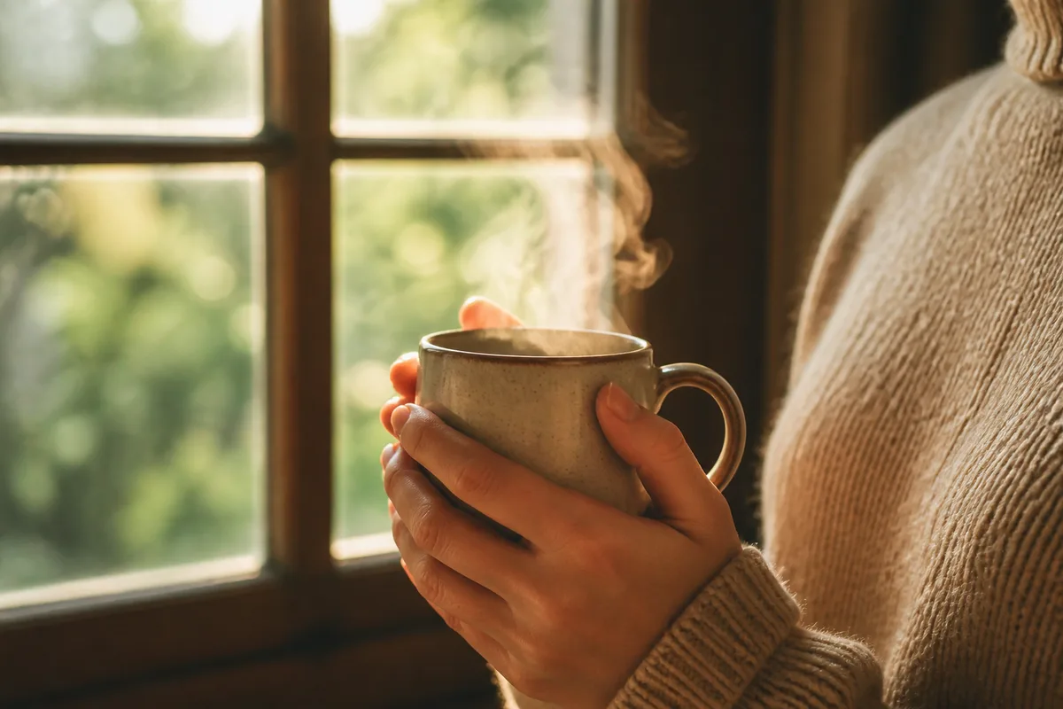 Mains tenant un mug en grès devant une fenêtre en fin de journée