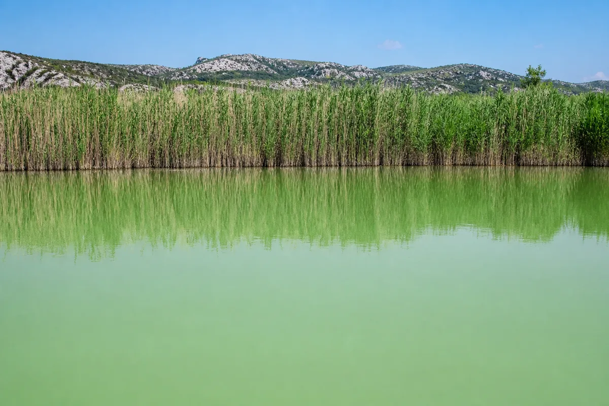 Surface d&rsquo;étang teintée de vert opaque sous un soleil d&rsquo;été, reflets de roseaux à la lisière