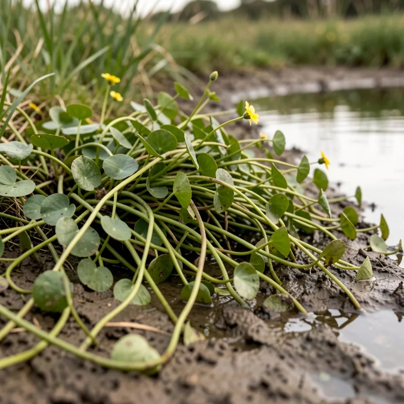 Bordure d’étang envahie par une plante aquatique dense couvrant la surface de l’eau