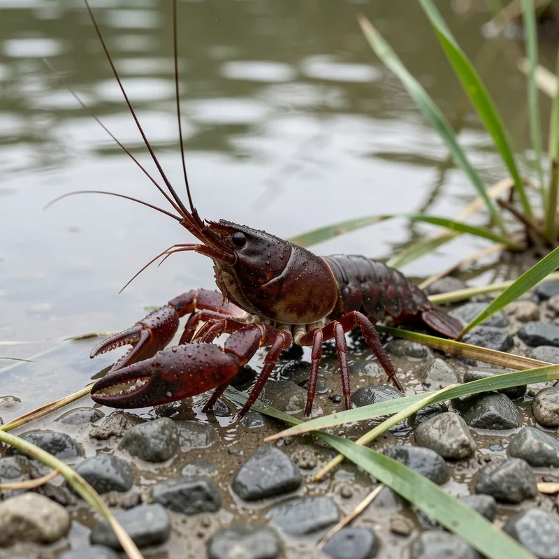 Écrevisse rouge posée sur des galets au bord d’une berge boueuse