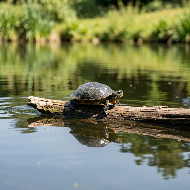 Petite tortue aquatique immobile sur un tronc mort émergeant d’une eau calme