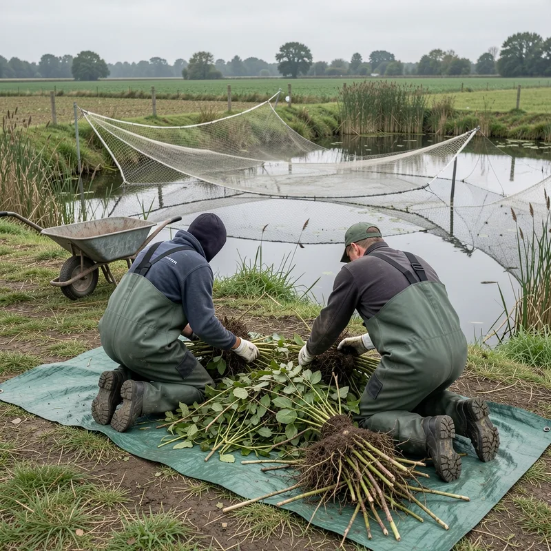 Deux bénévoles agenouillés au bord d’un étang triant des plantes aquatiques arrachées