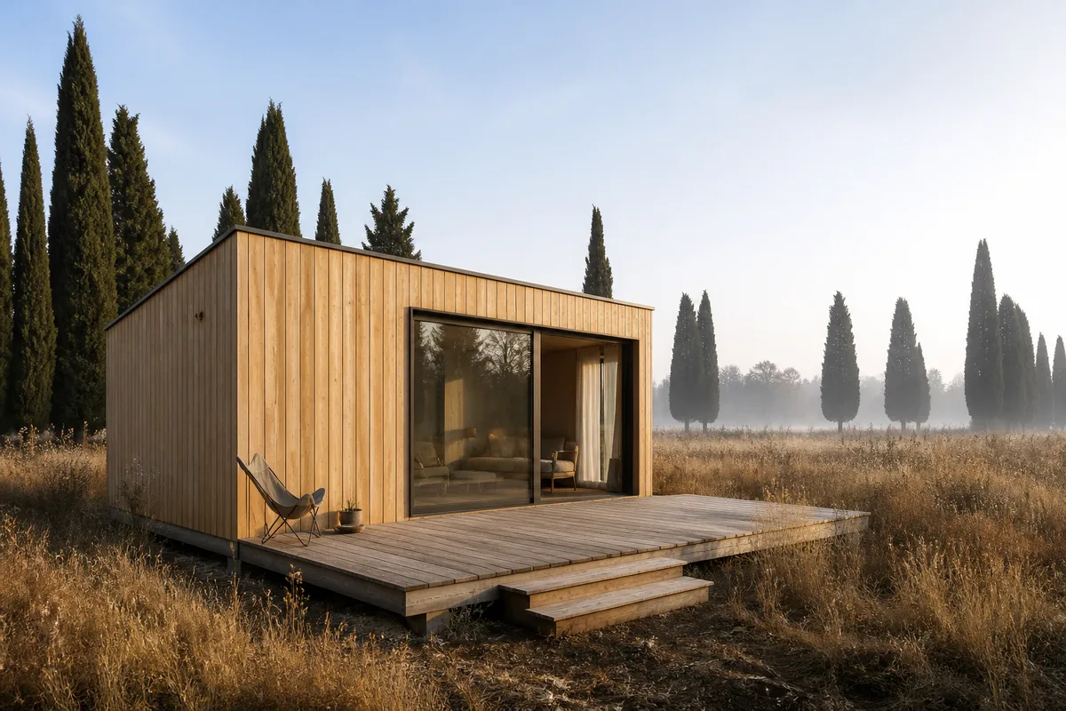 Petite maison en bois clair posée sur plots au milieu d’un pré, en Provence