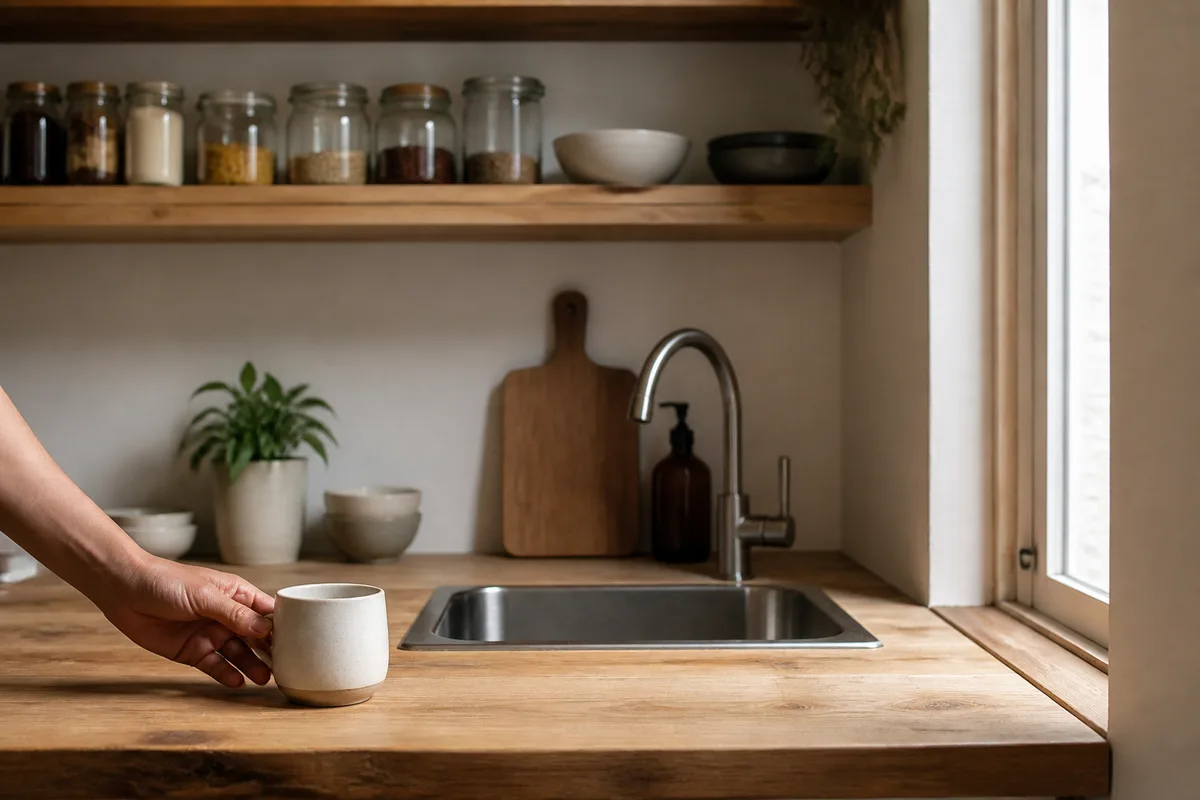 Coin cuisine compact en bois avec plan de travail et étagères murales dans un petit logement