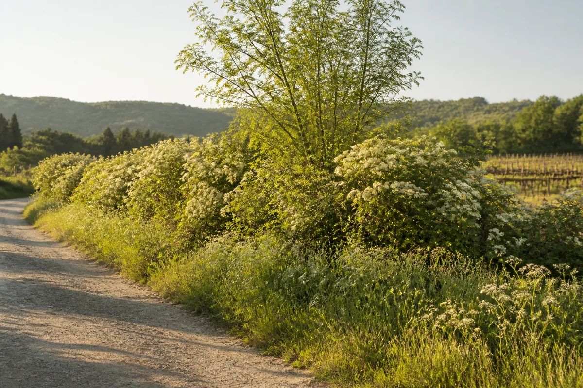 Haie champêtre à trois strates au bord d un chemin de terre, arbustes en fleurs devant un chêne
