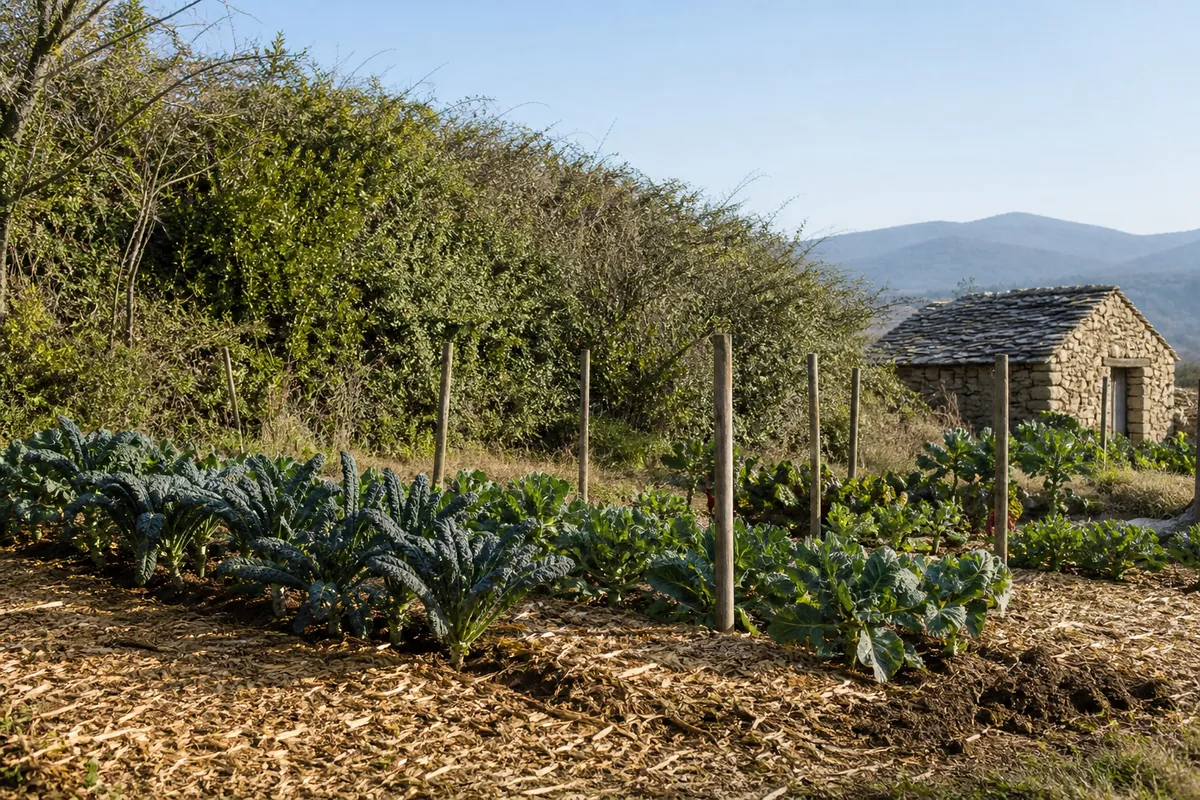 Rangée d arbustes courbés par le mistral abritant un potager, terre paillée au premier plan