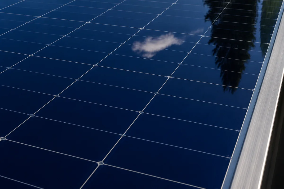 Surface vitrée d&rsquo;un module photovoltaïque reflétant le ciel, cellules quadrillées et cadre aluminium en bordure