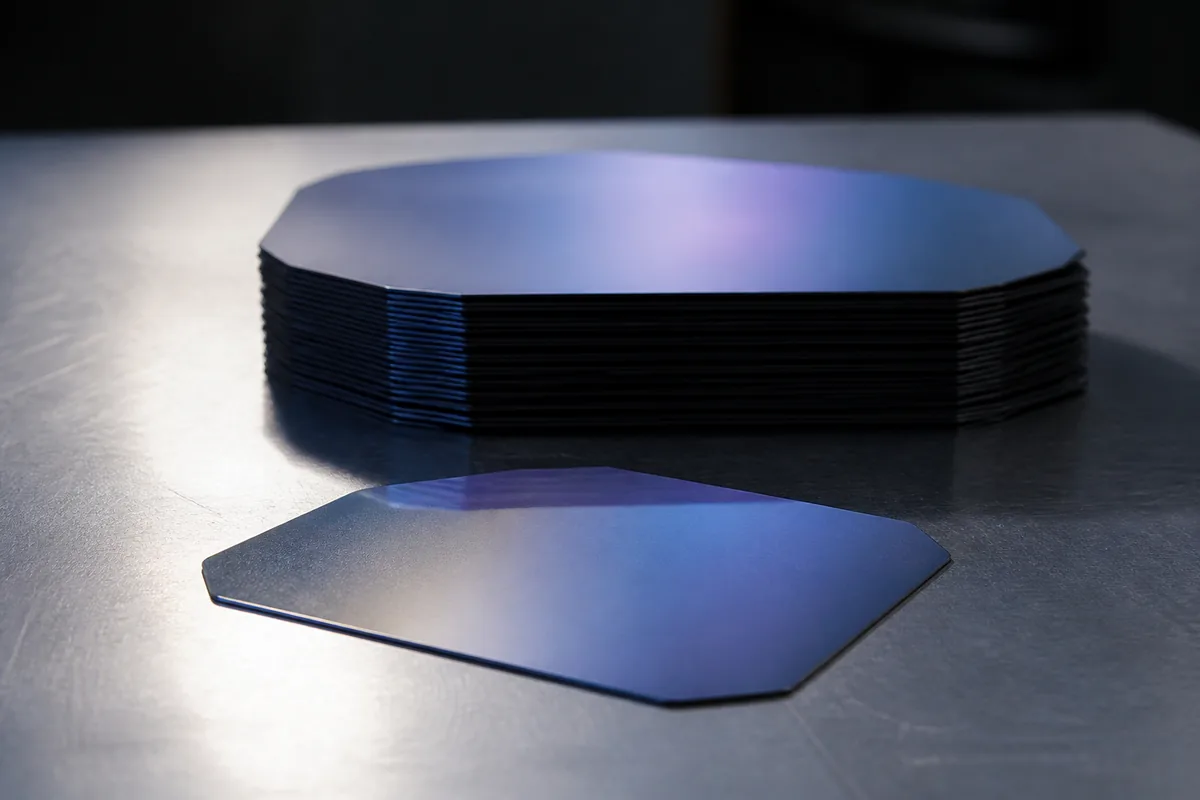 Plaquettes de silicium empilées sur un plan de travail métallique, reflets bleutés sous une lumière rasante d&rsquo;atelier