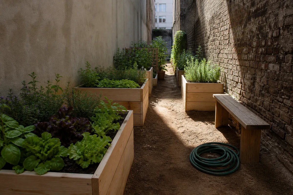 Petit jardin collectif installé entre deux immeubles avec des bacs de culture en bois clair