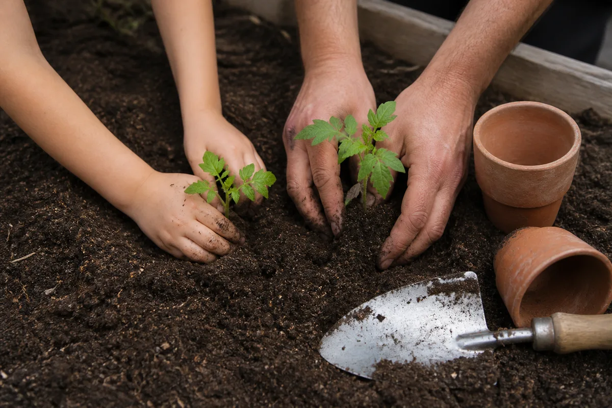 Mains adultes et mains d’enfant repiquant de jeunes plants dans une planche de terre brune