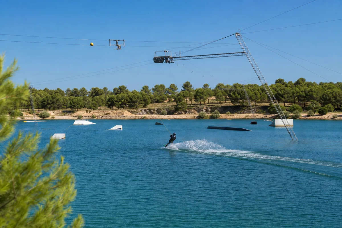 Câble du téléski nautique au-dessus du lac de Peyrolles
