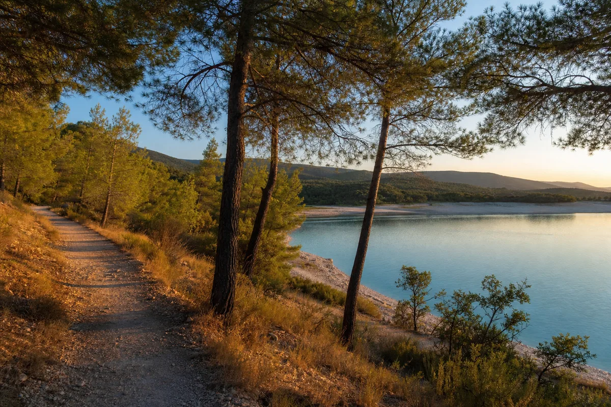 Sentier du tour du lac de Peyrolles entre pins et berges