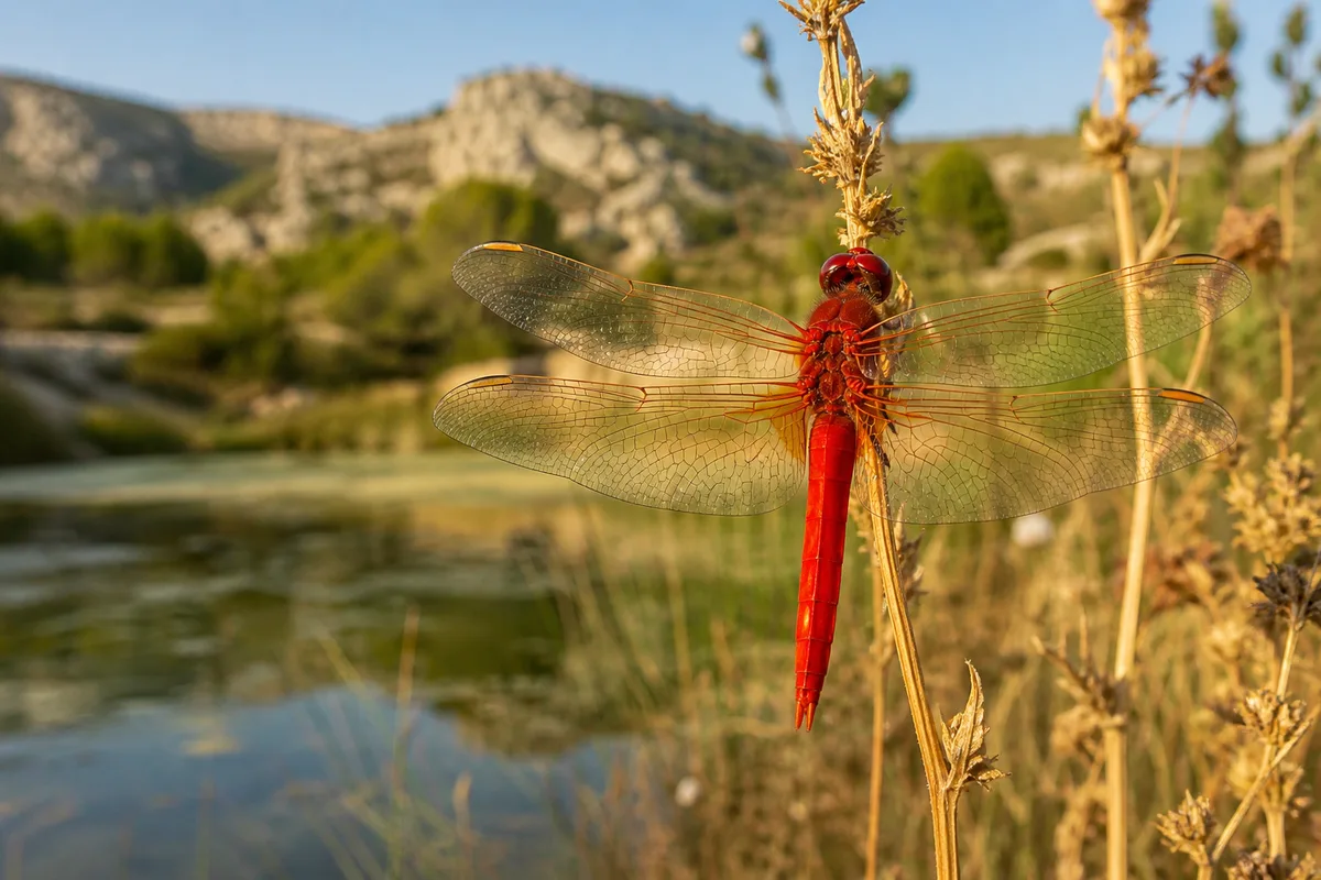 Libellule rouge posée sur une tige sèche au bord d&rsquo;un étang provençal