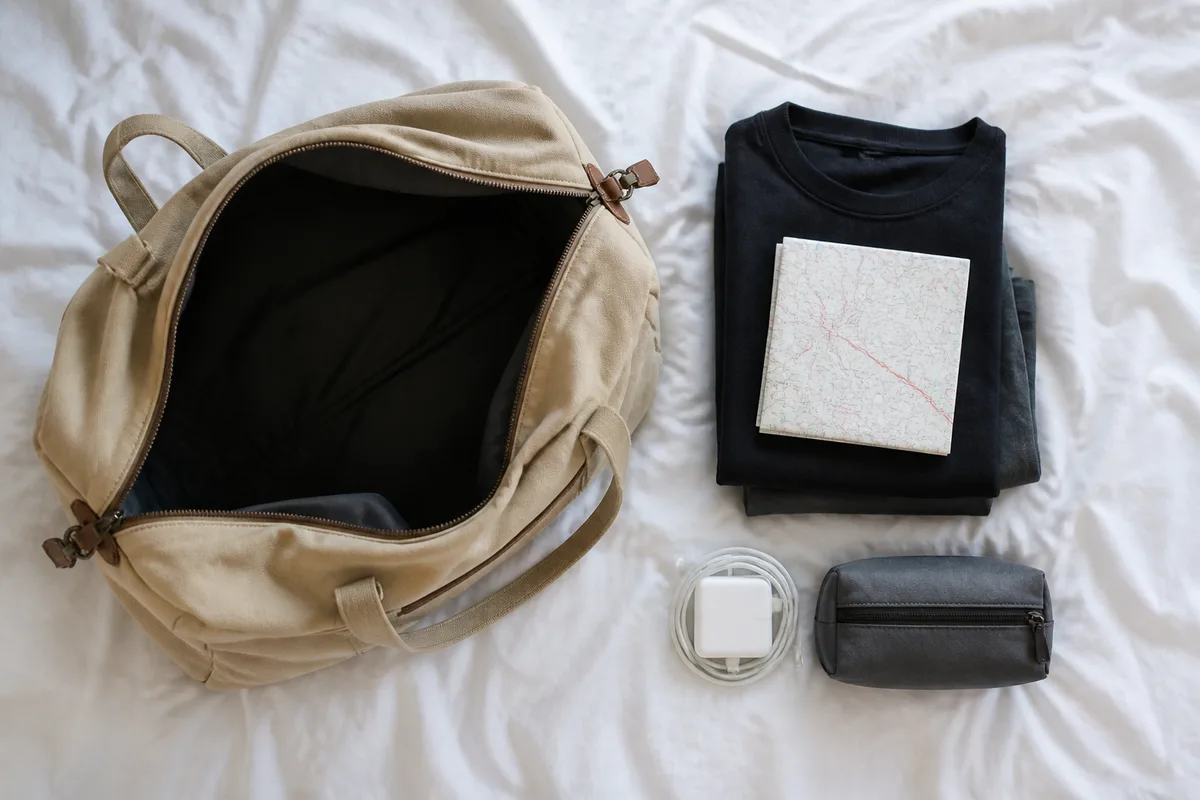 Sac de voyage ouvert sur un lit avec vêtements pliés et carte routière repliée
