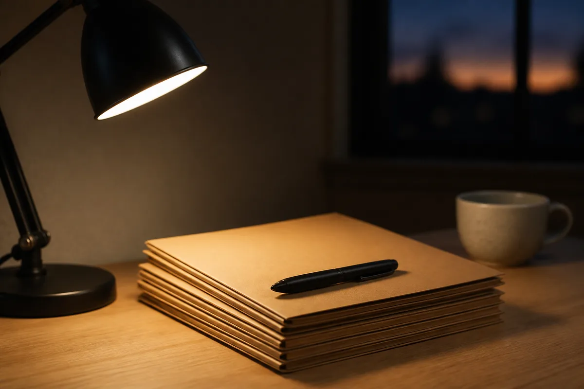 Documents administratifs fermés empilés sur un bureau en bois clair près d&rsquo;une lampe