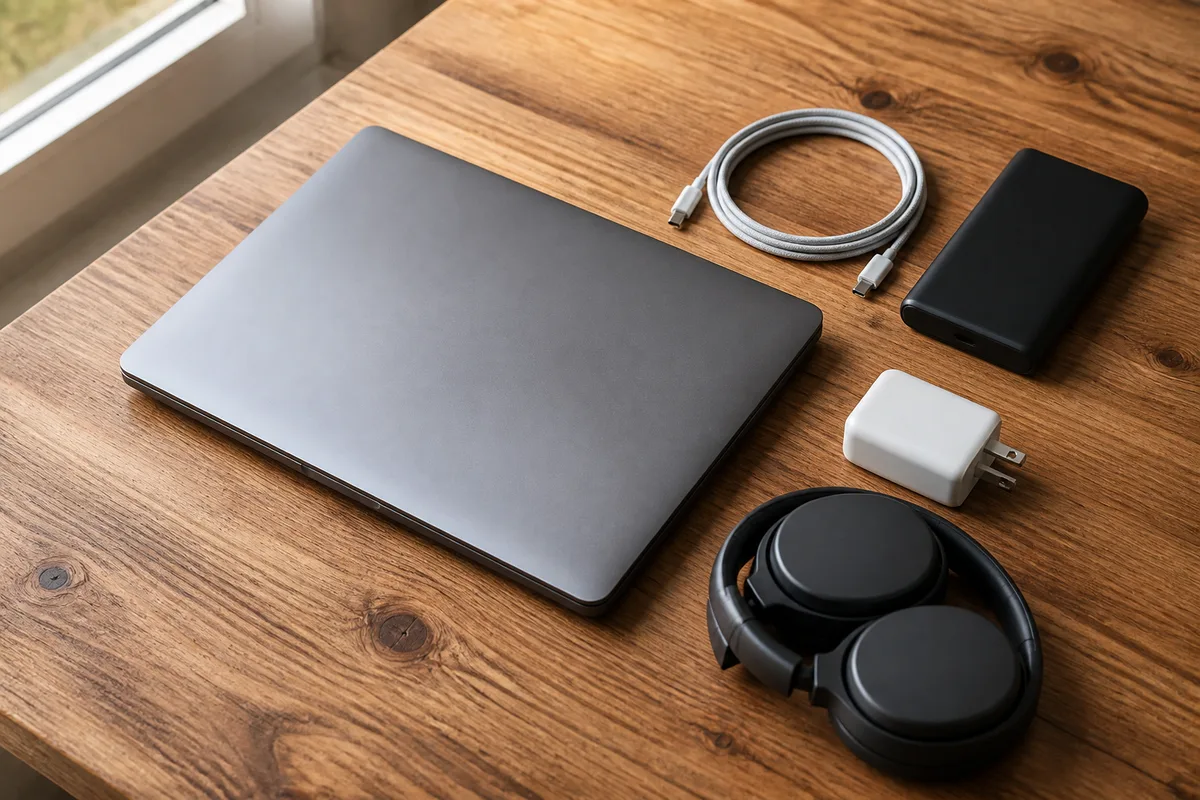 Ordinateur portable fermé posé sur une table en bois avec câble enroulé et batterie externe