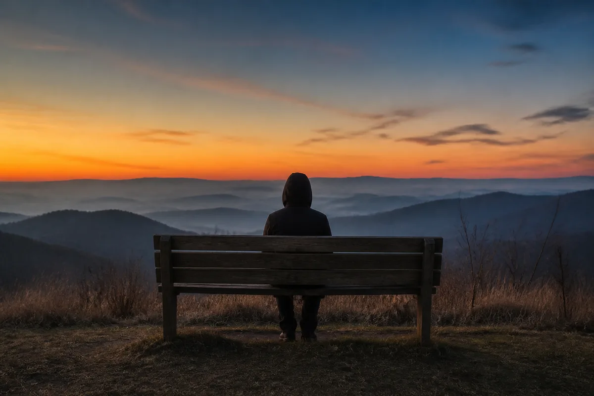 Silhouette de dos assise sur un banc de bois face à un paysage de collines au crépuscule