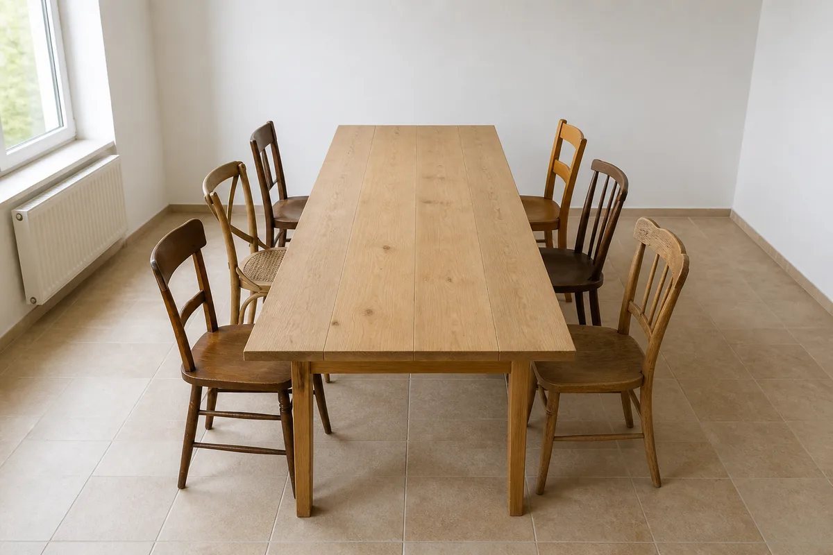 Table de réunion en bois clair et chaises vides dans une salle communale lumineuse