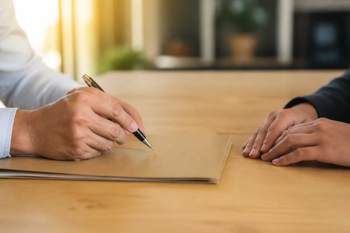 Deux paires de mains de part et d&rsquo;autre d&rsquo;une table de rendez-vous en bois clair