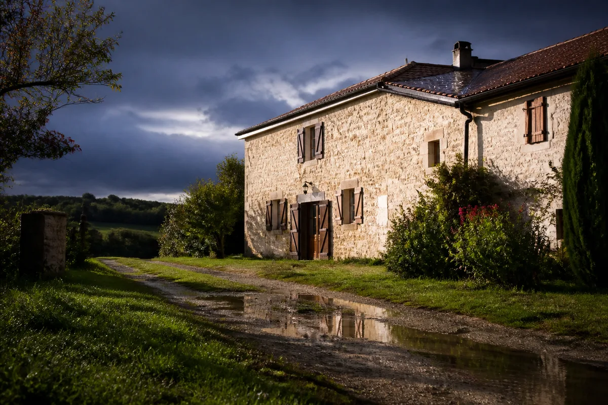 Façade d&rsquo;une maison de campagne en pierre claire après l&rsquo;averse au soleil rasant