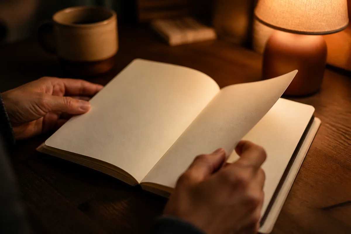 Mains feuilletant un carnet ouvert aux pages vierges près d&rsquo;une lampe allumée