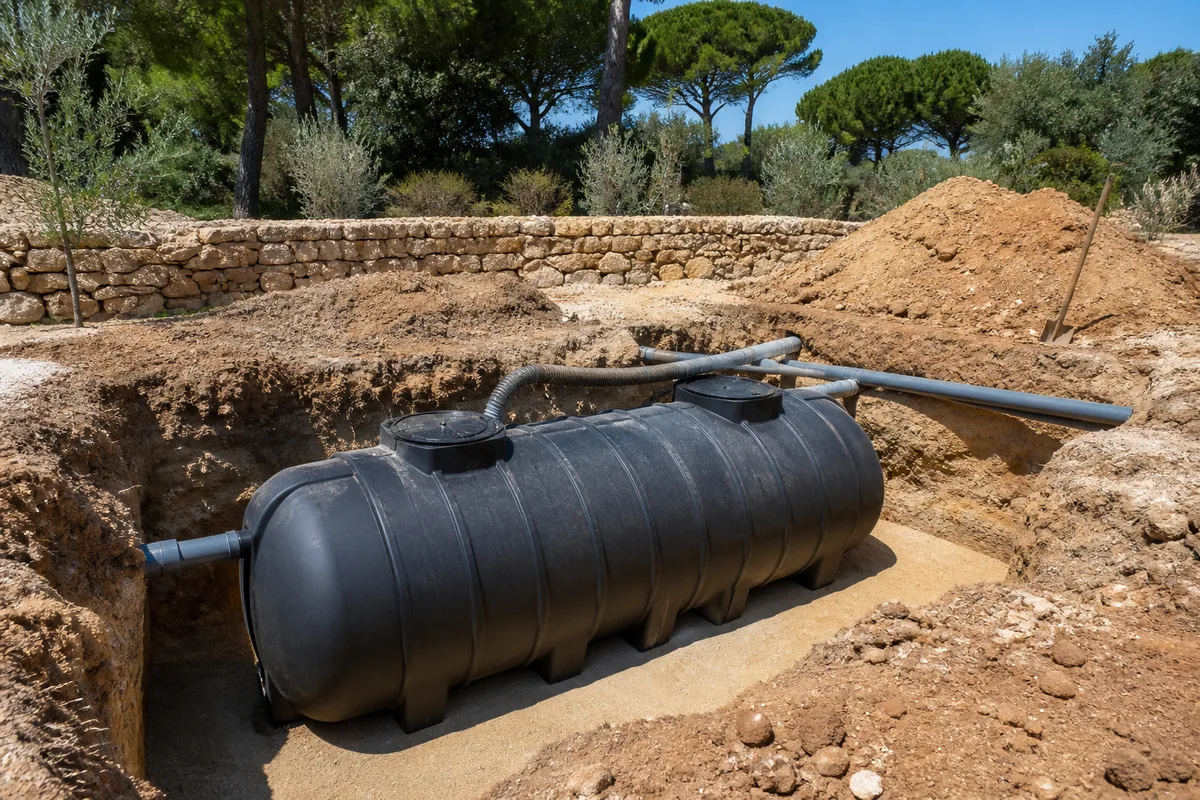 Cuve enterrée en polyéthylène posée dans une fouille de jardin méditerranéen avant remblaiement