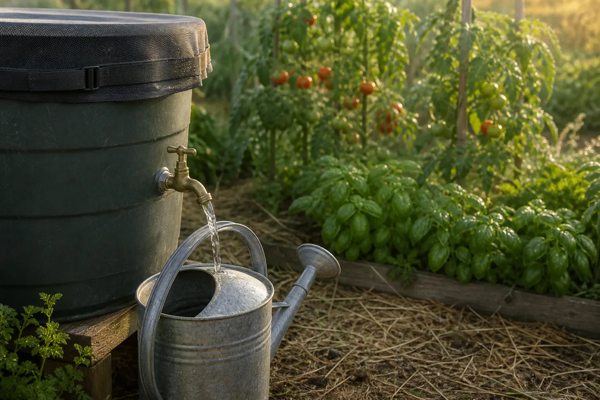 Arrosoir rempli sous le robinet d&rsquo;un récupérateur d&rsquo;eau couvert d&rsquo;une moustiquaire, potager au second plan