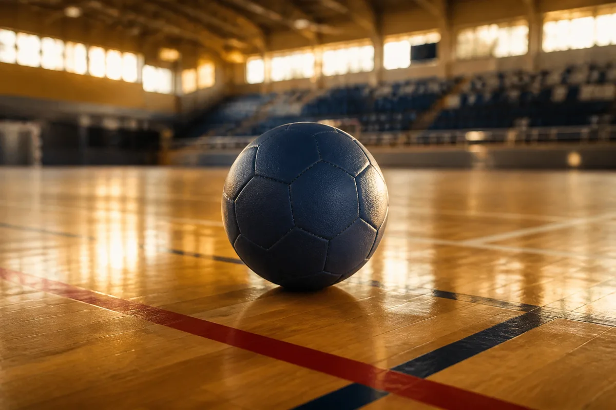 Ballon de handball posé sur le parquet ciré d&rsquo;un gymnase éclairé en fin de journée