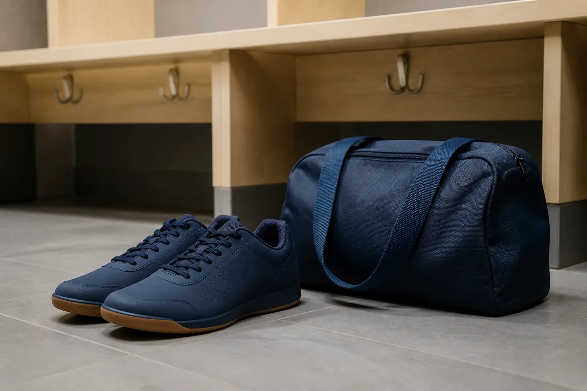 Paire de chaussures de salle et sac de sport au pied d&rsquo;un banc de vestiaire en bois clair