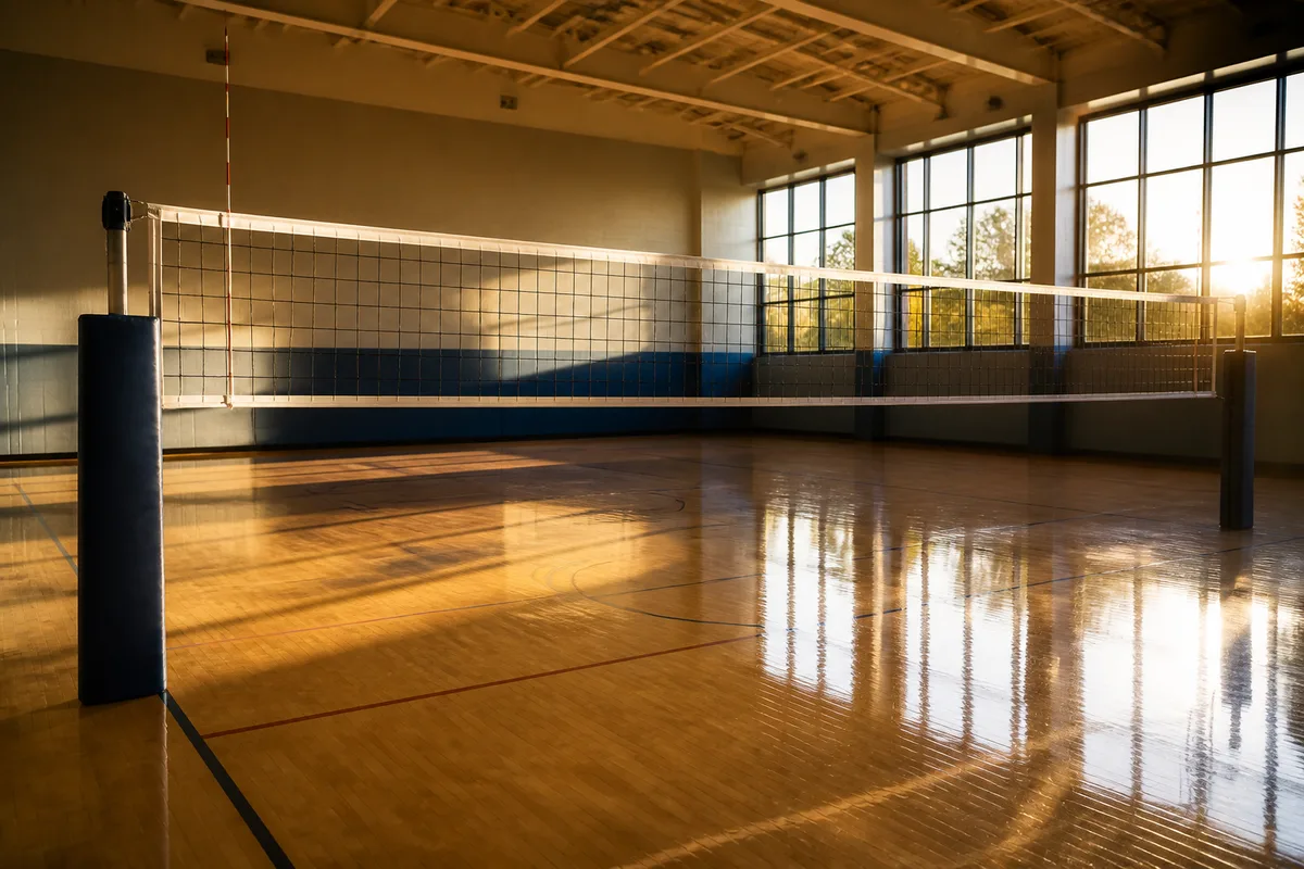 Filet de volley tendu dans un gymnase vide sous une lumière rasante de fin d&rsquo;après-midi