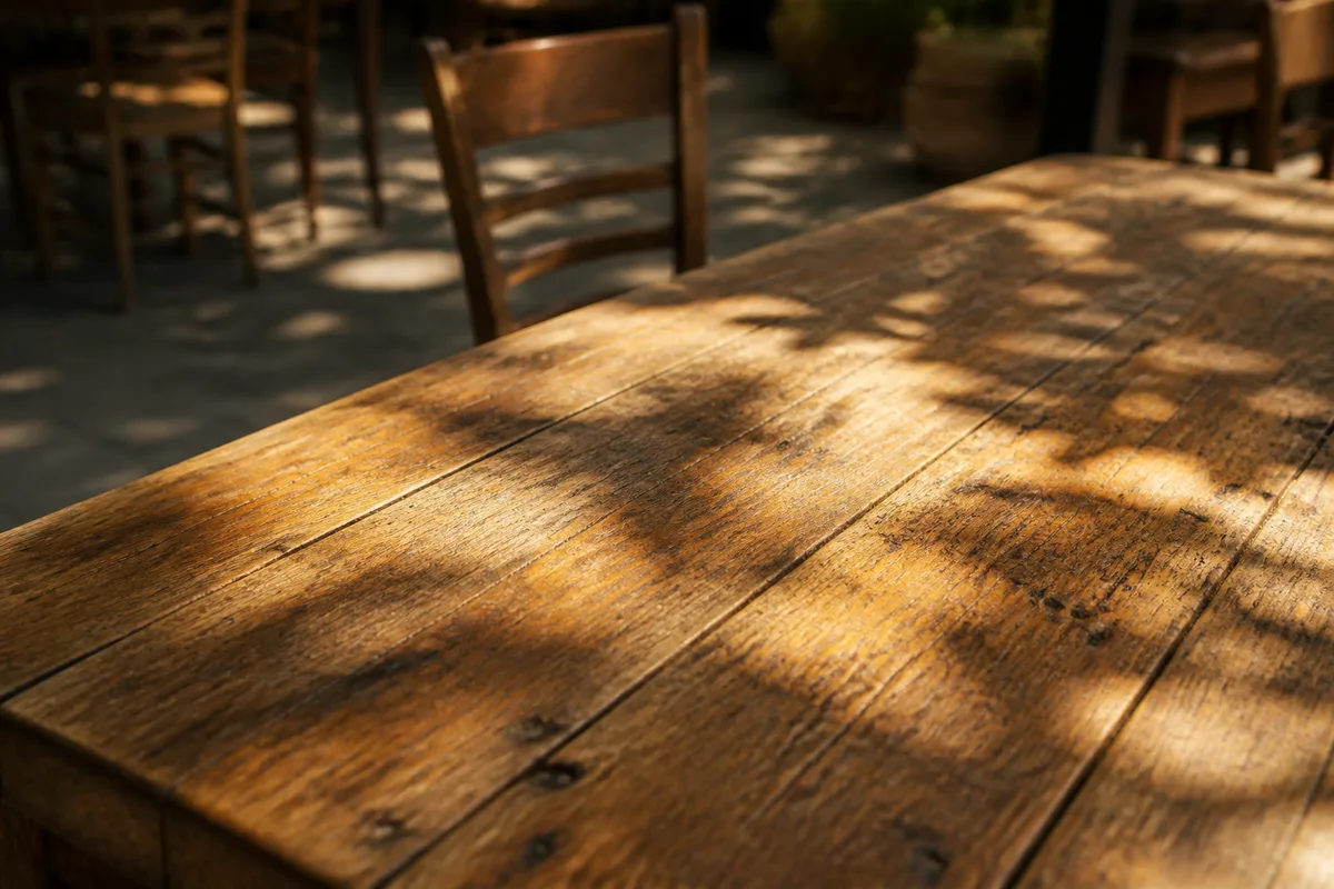Table en bois patiné sur une terrasse de restaurant ombragée en Provence