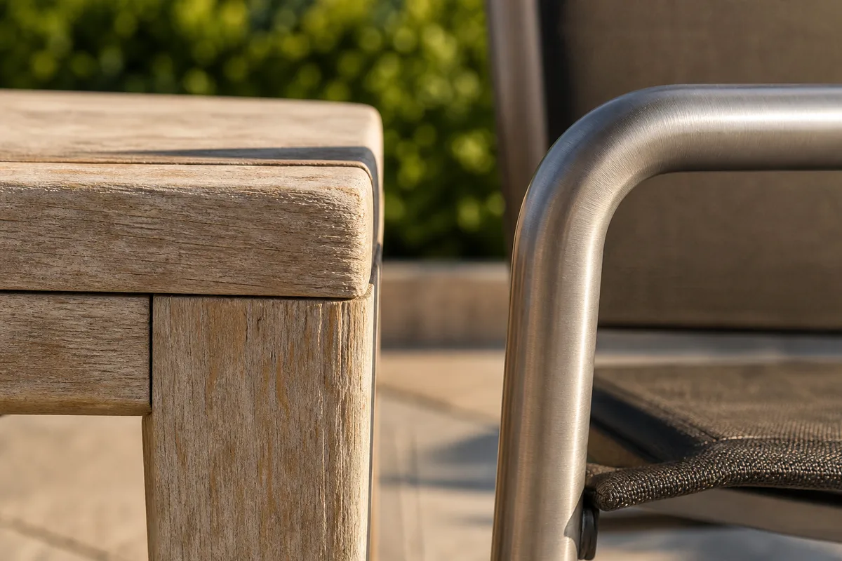 Gros plan sur du mobilier de terrasse en bois et métal résistant aux intempéries