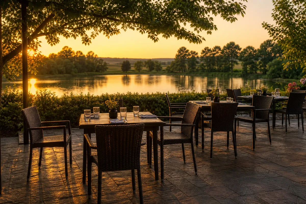 Terrasse de restaurant confortable en fin de journée, chaises alignées face à un étang