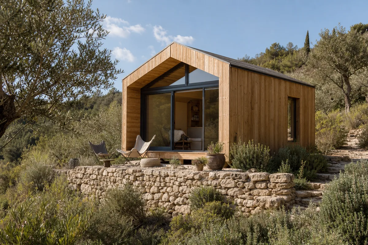 Modèle de tiny house clé en main posé sur une terrasse en pierre en Provence