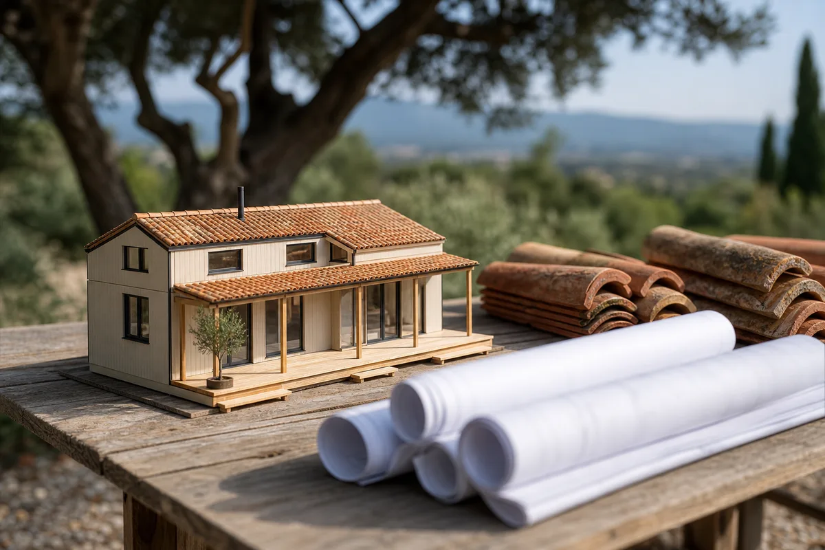Maquette de tiny house et plans d’architecte flous sur une table en bois extérieure