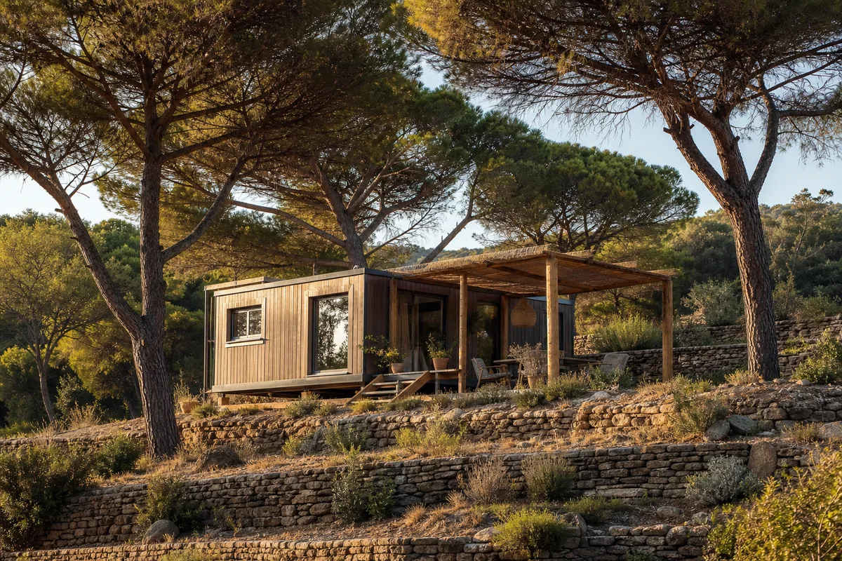 Tiny house nichée entre pins parasols et restanques en pierre sèche en Provence