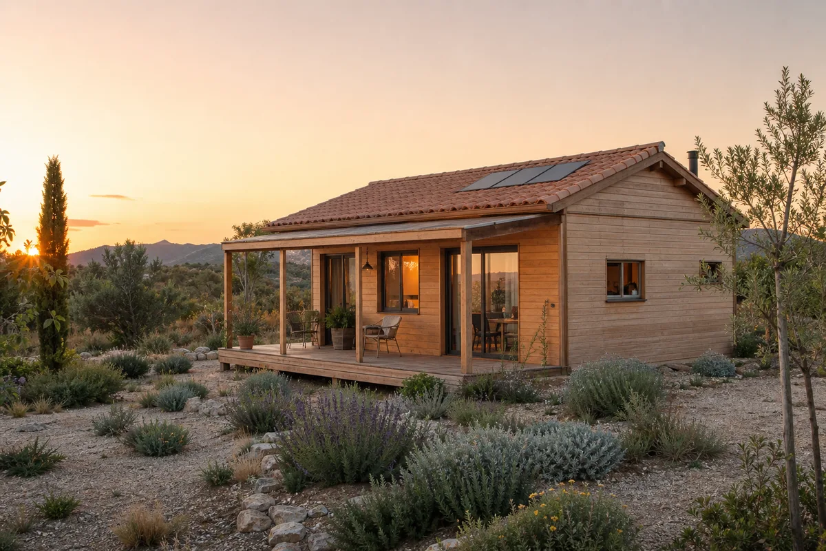 Petite maison en bois clair avec panneaux solaires discrets au coucher du soleil