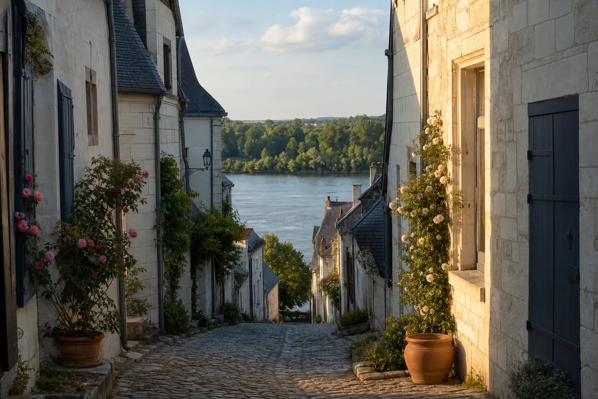 Ruelle de tuffeau descendant vers la Loire dans un village ligérien