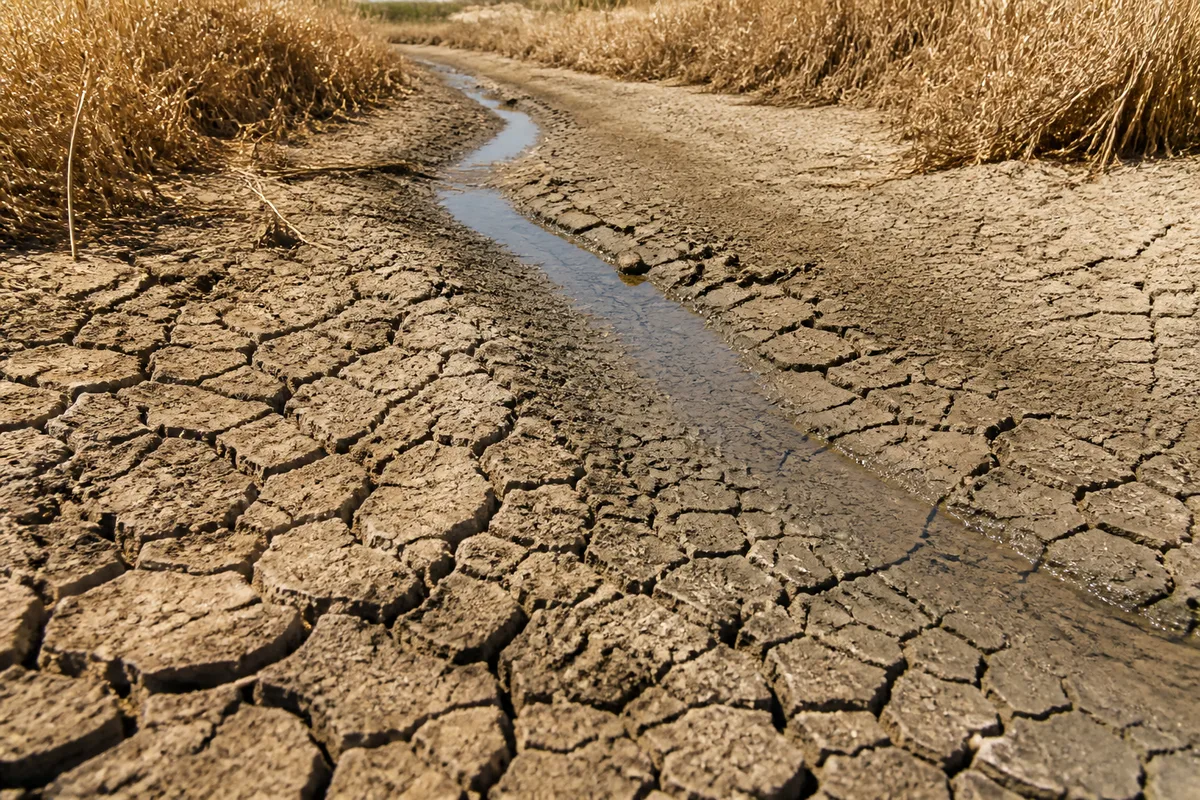 Berge de marais colonisée par des roseaux secs, niveau d&rsquo;eau visiblement bas en fin d&rsquo;été